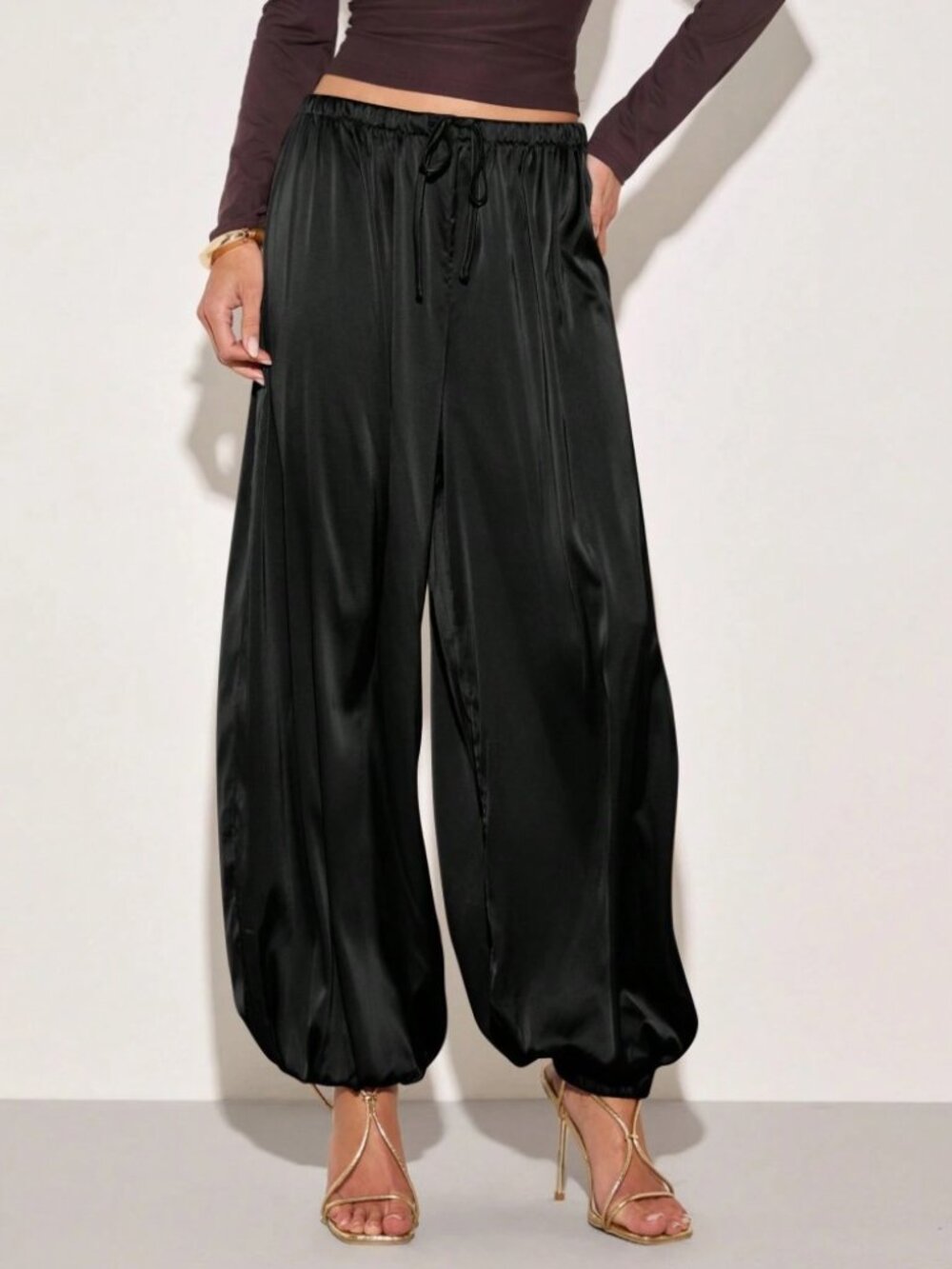 Black Satin Drawstring Harem Pants - Balloon Leg Wide Trousers